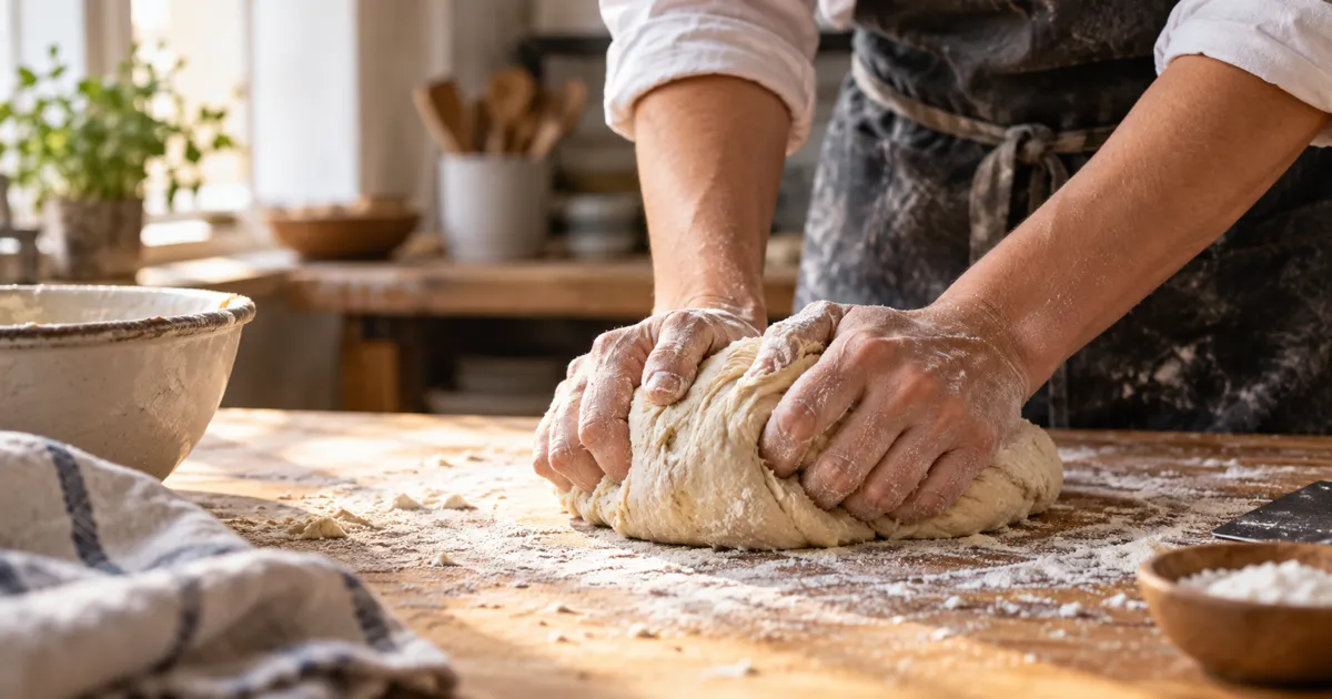 Immagine illustrativa: mani che impastano il pane su un bancone infarinato