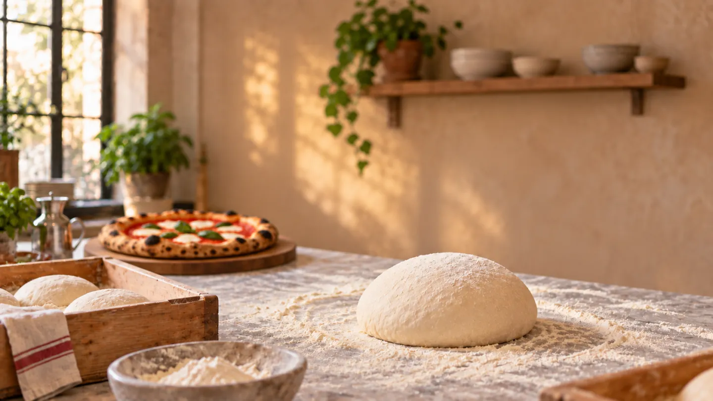 Immagine illustrativa: panetto per la pizza sul bancone infarinato, con una pizza appena sfornata